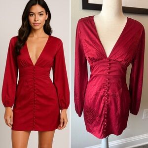 Deep Red Floral Long Sleeve Dress